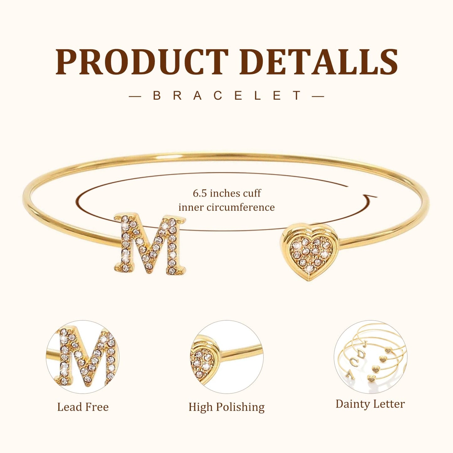 BXDA Trendy Gold Plated Heart Initial M Cuff Bangle Bracelet for Women, Handmade Statement Cubic Zirconia Stackable Open Letter Bracelets Fashion Jewelry Accessories Gift