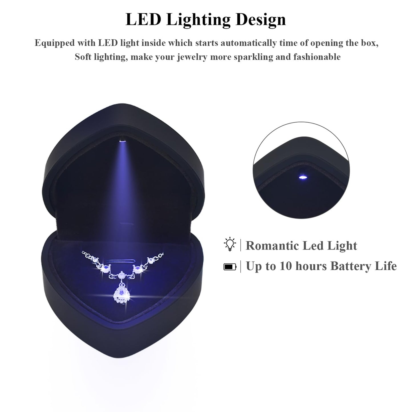 Eveynsh LED Heart Necklace Presentation Box with Automatic Light, Compact Necklace and Earring Display Case – Designed for Proposals, Romantic Gift Reveals, Weddings and Anniversary Moments, Black
