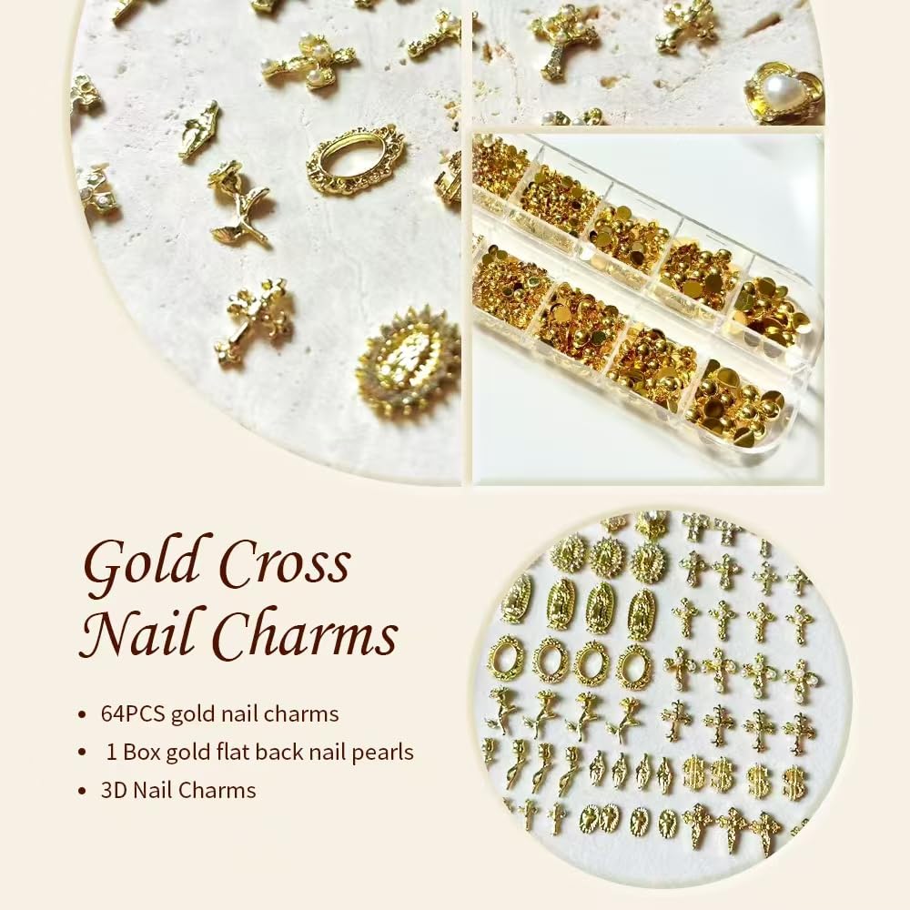 TmoGllp 3D Cross Nail Charms, Gold Flat-Back Bead Charms for Nails, Nail Charms and Gems for Nail Art DIY Design, Nail Rhinestones Accessories Bulk (Gold)