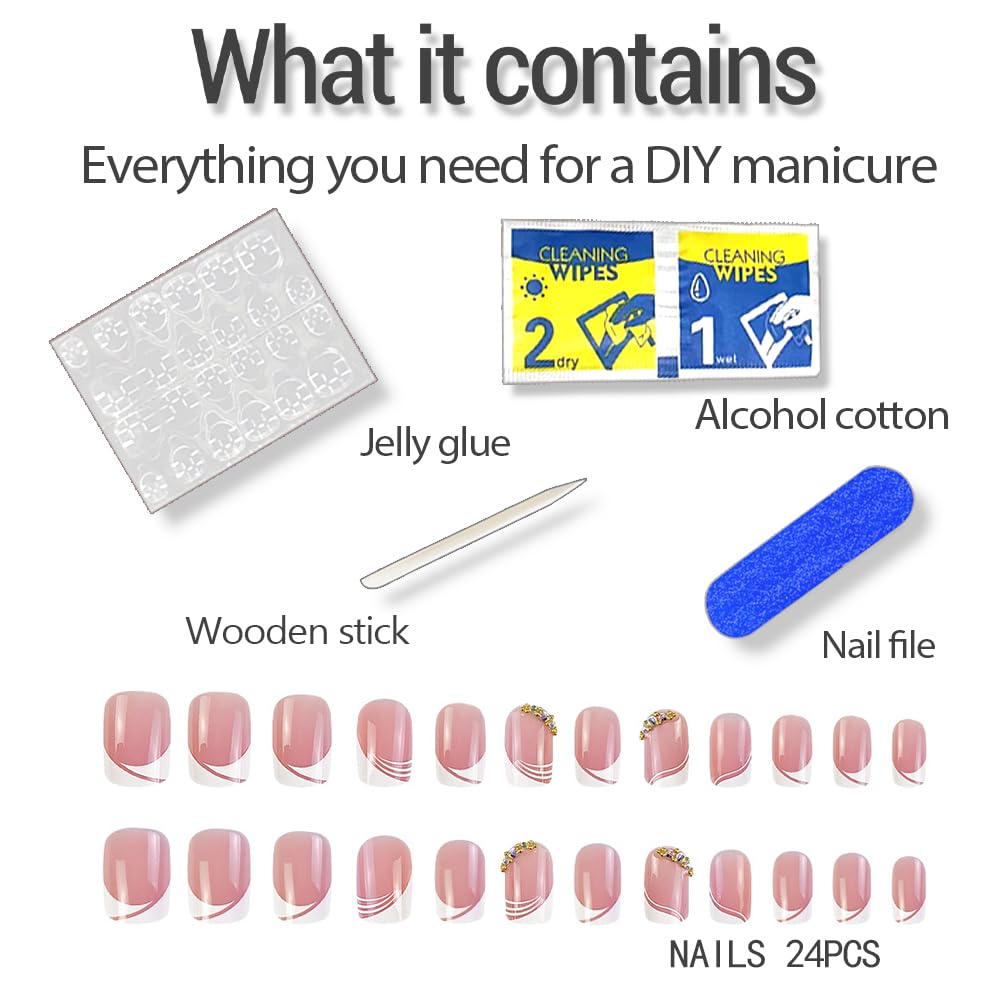 Extra Short Press On Nails 24Pcs Glue On Nails Square Short Fake Nails Glossy False Nails with White French Tip&Diamond Press Ons Designs Artificial Stick on Nails for Women