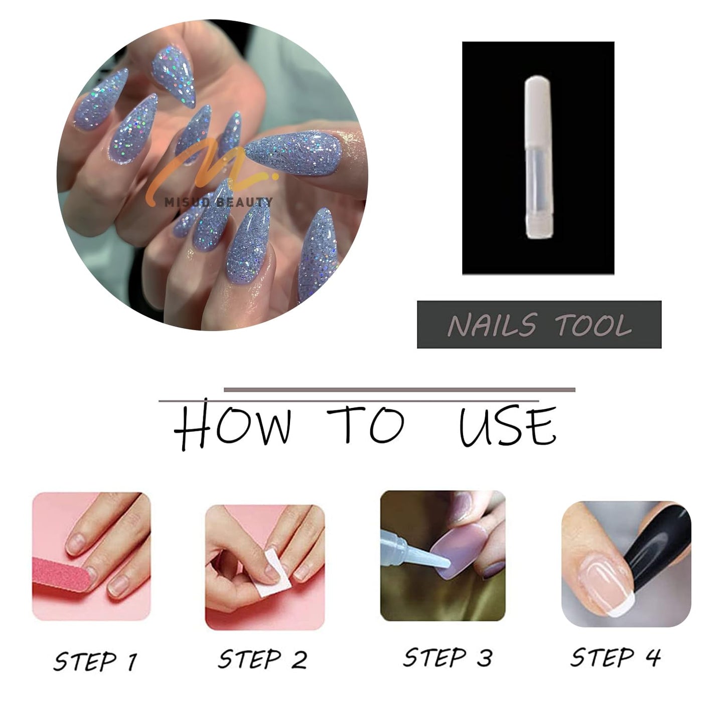 MISUD Press on Nails - Medium Almond Fake Nails with Bling Blue Purple Glitter, Acrylic Sparkly Design 24 pcs