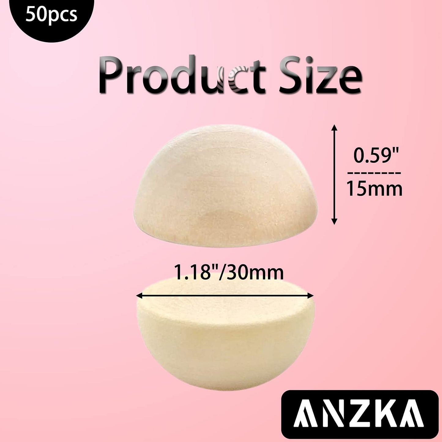 ANZKA 50pcs Big Half Wood Balls, 30mm Unfinished Flat Wooden Ball for Craft Paint, 1.2 inch Diameters Wooden Hemisphere Bulk, Natural Half Sphere Beads