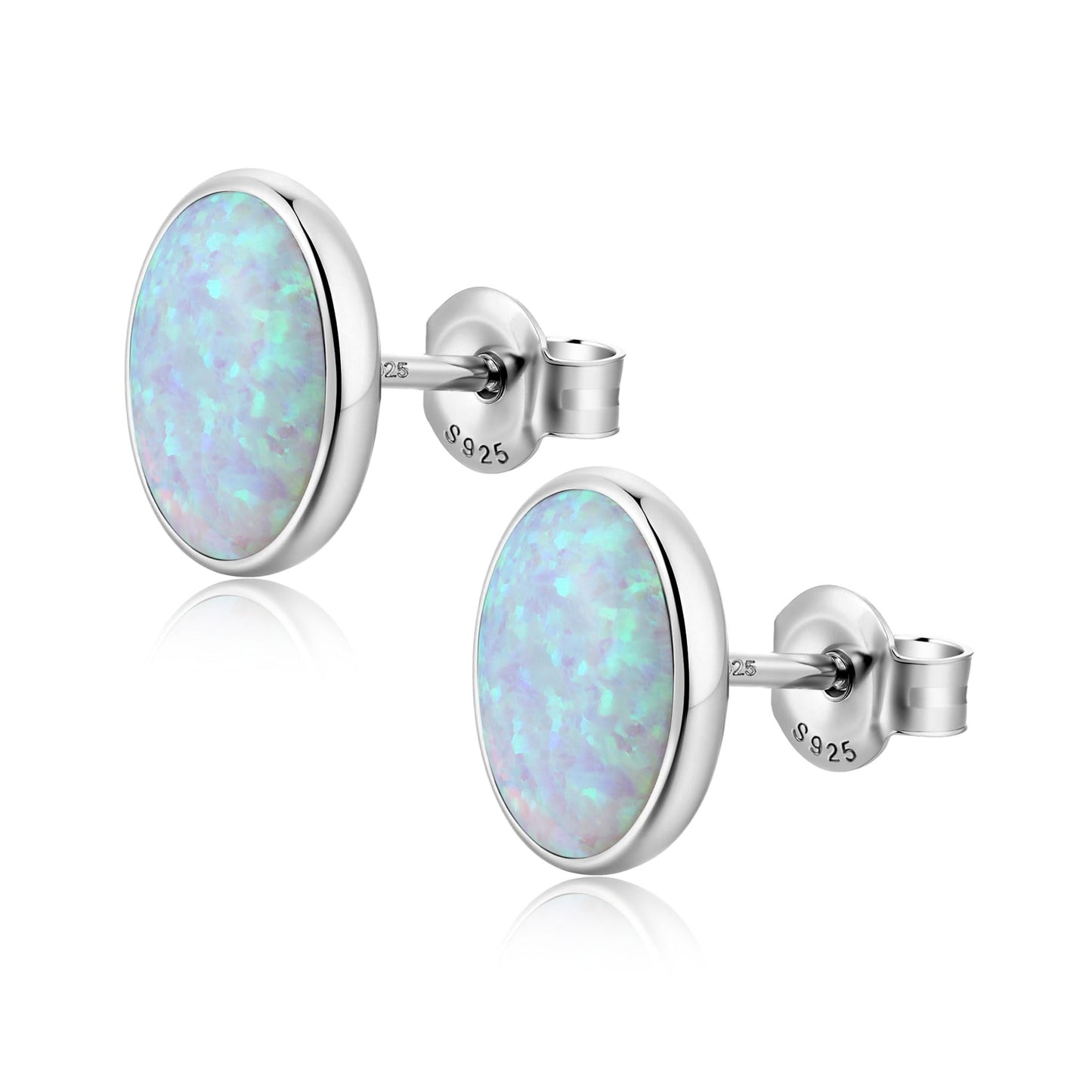 JiayangJY White Fire Opal Stud Earrings for Women 18K White Gold Plated Sterling Silver Oval Shape 7mm Opal Earrings with Push Back