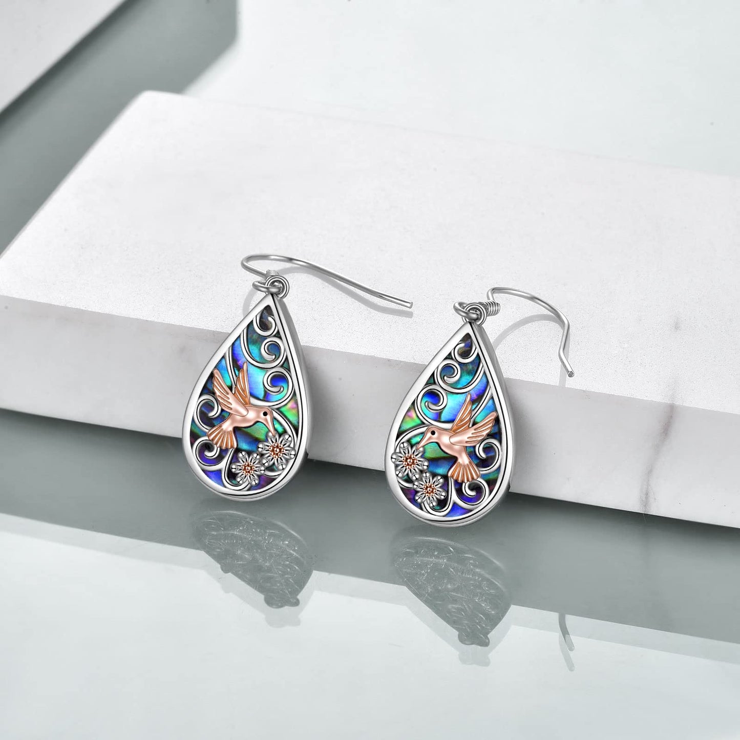 POPLYKE 925 Sterling Silver Hummingbird Earrings Teardrop Abalone Dangle Earrings For Women Hummingbird Jewelry for Mom