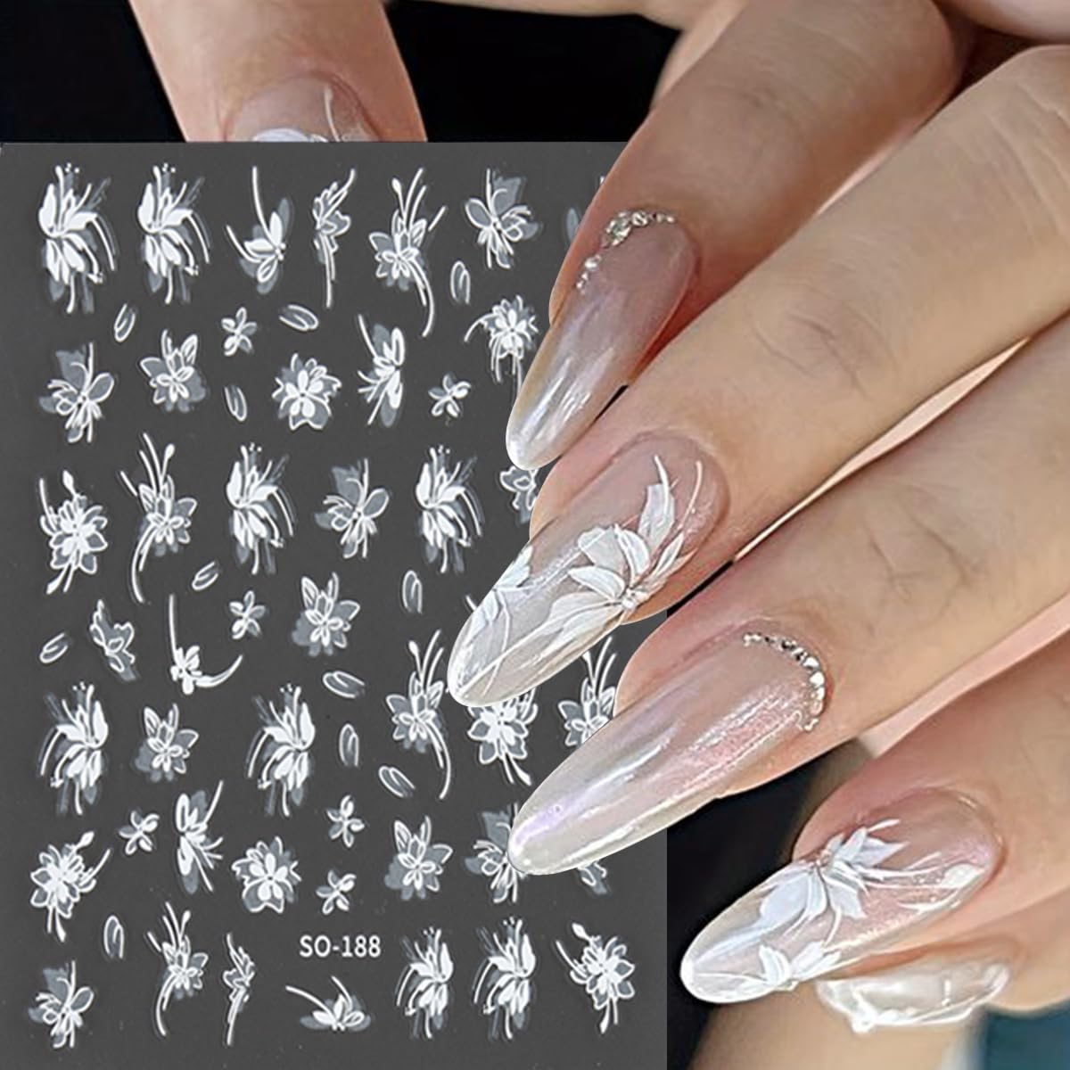 6 Sheets Flowers Nail Art Stickers Black White Bow Flower Decal Nail Decoration Nail Art Supplies 3D Self Adhesive Petal Nail Design Floral Flower Nail Decal Spring Summer Manicure Art Accessories