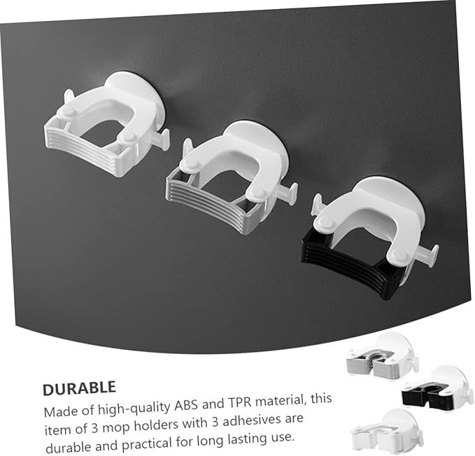 3Pcs Wall Mounted Broom Mop Holder No Drill Sundries Organizer with Adhesive Hooks Heavy Duty TPR Design for Bathroom Kitchen Garage and Living Storage