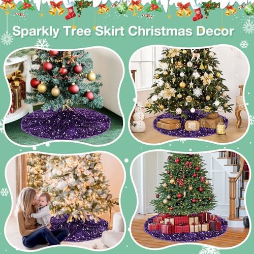 Purple Sequin Tree Skirt 48 Inches Sparkly Christmas Tree Skirts Velvet Halloween Tree Skirt Large Santa Tree Skirts Xmas Tree Base Cover Royal Purple Tree Cover for Christmas Party Decor