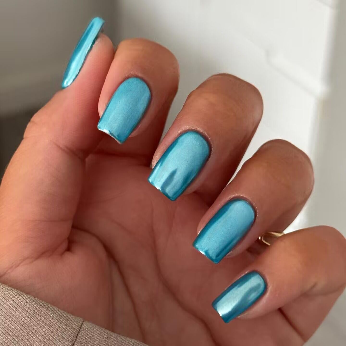 Teal Blue Chrome Square Press on Nails Short Medium,KQueenest Mirror Metal Plating False Acrylic Nails Press Ons,Metallic Fake Nails,Natural Fit Glue on Nails Medium Length in 24 PCS