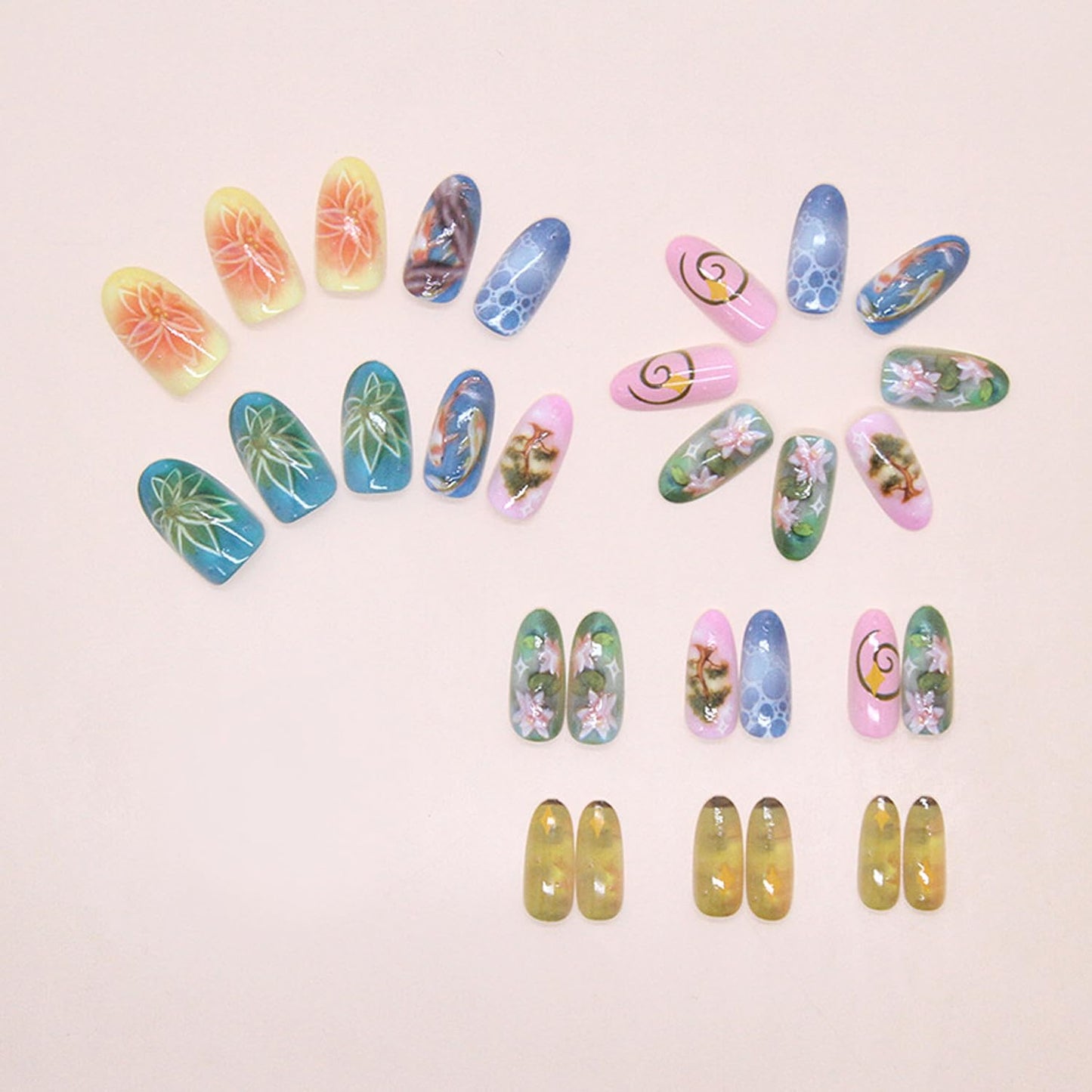 30Pcs Lotus Flower Press on Nails Medium Almond Fake Nails with 3D Koi Fish Lotus Leaf Design Star False Nails Natural Floral Glue on Nail Glossy Full Cover Spring Summer Artificial Nails for Women