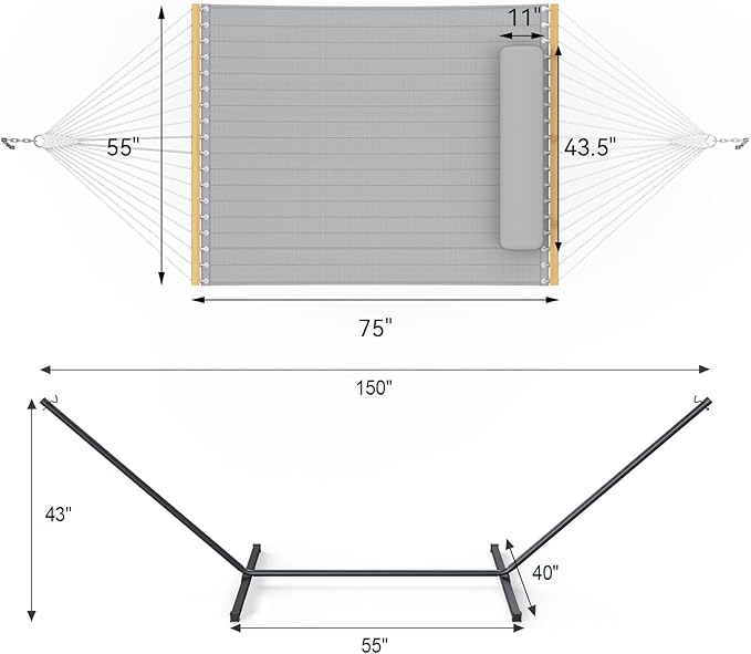 2 Person Outdoor Hammock with Stand, Cotton Rope Hammock with Polyester Pad, Adjustable Steel Frame, Portable with Carrying Bag – for Patio, Backyard, Garden, Beach, Urban-Gray