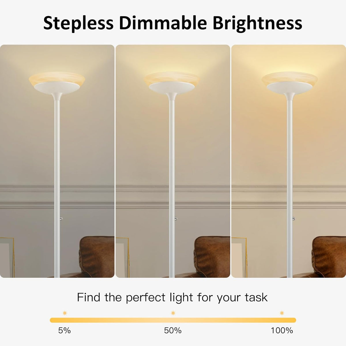 BoostArea Torchiere Floor Lamp, 24W Super Bright LED Standing Lamp, Stepless Dimmable Pole Lamp with 3000K Lighting, Glass Lampshade, 71Inch Tall Metal Modern Floor lamps for Living Room/Bedroom White