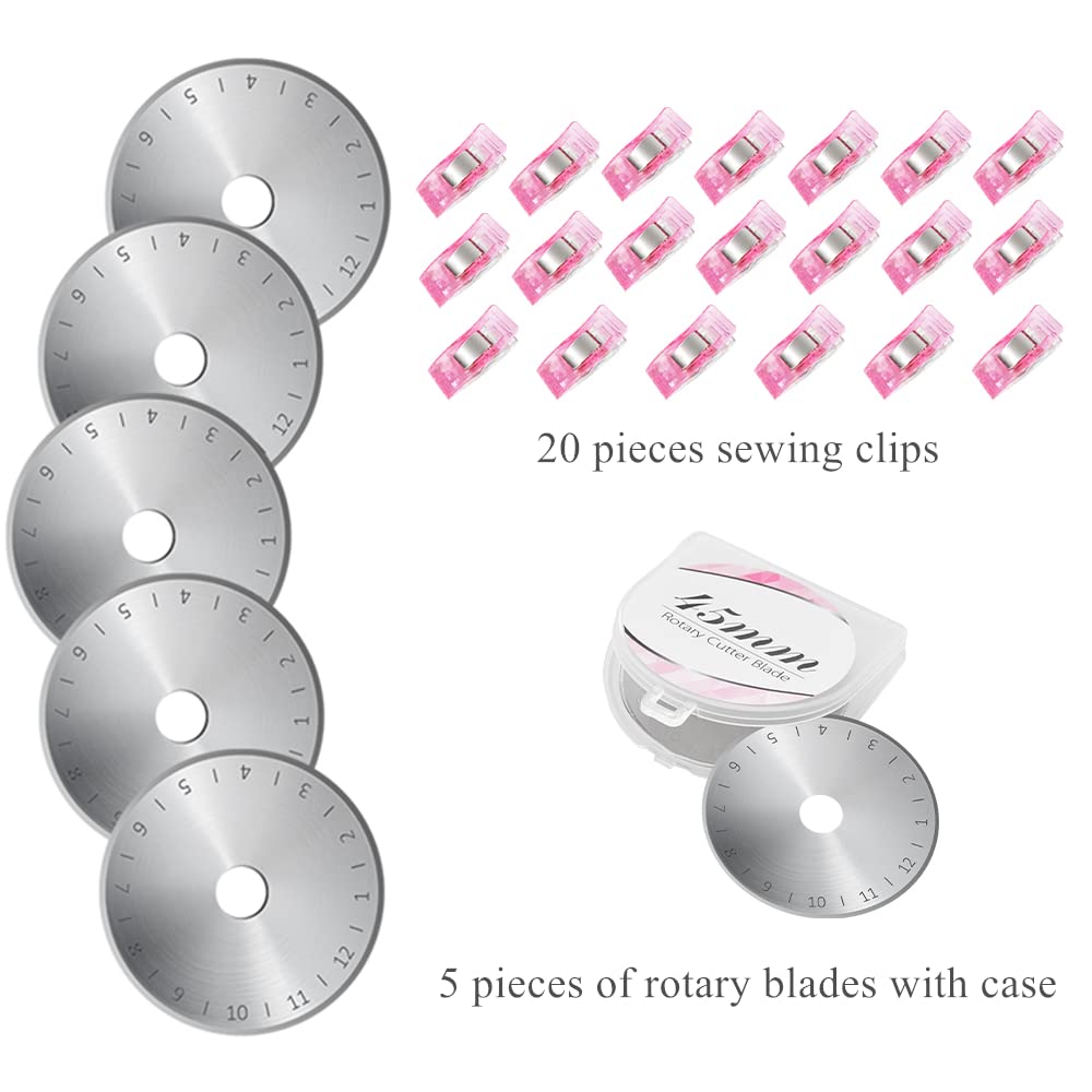 Headley Tools Rotary Cutter Set - 45mm Fabric Cutter, 5 Replacement Rotary Blades, A3 Cutting Mat, Quilting Ruler and Sewing Clips, Craft Knife Set, Ideal for Crafting, Sewing, Patchworking, Pink
