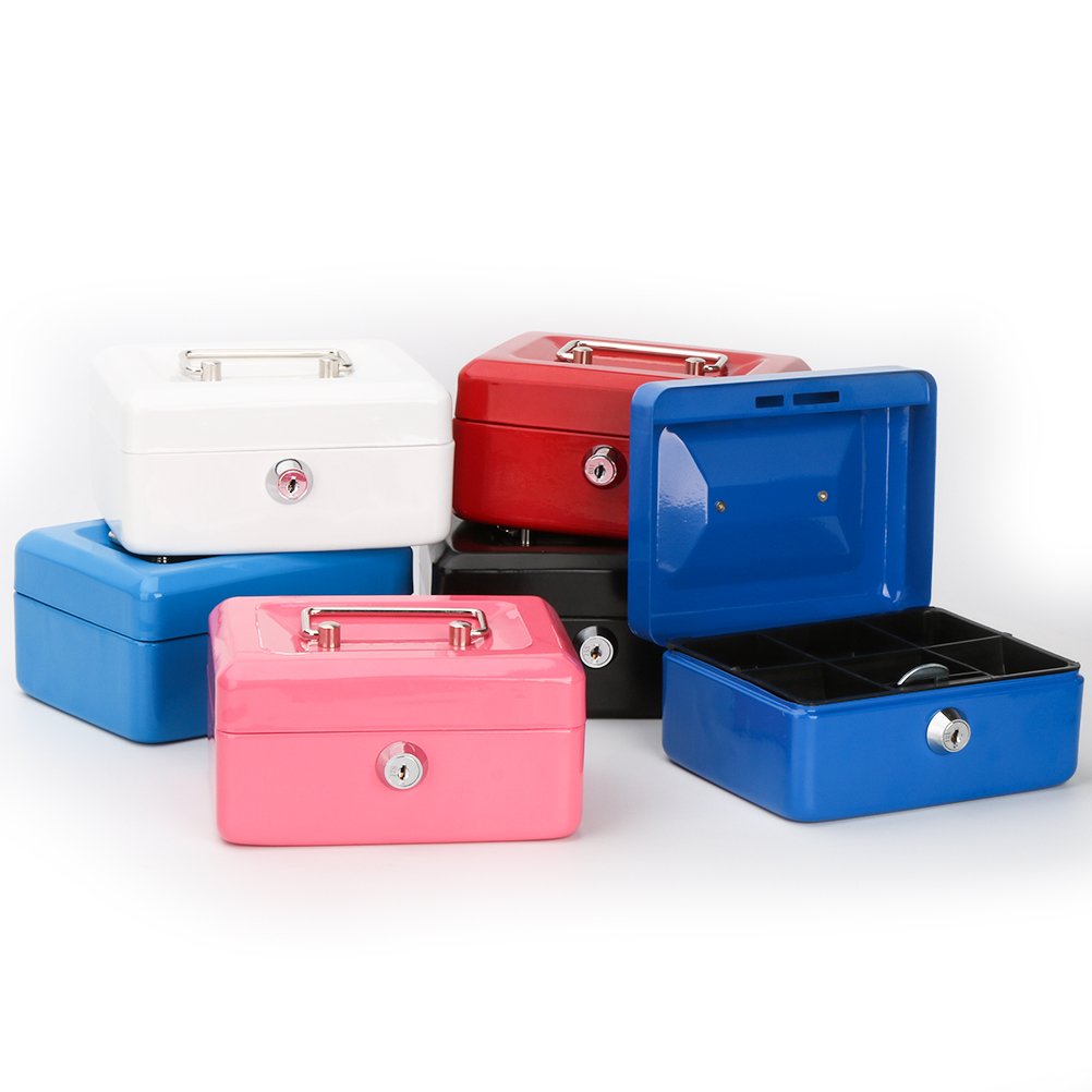 Decaller Small Cash Box with Key Lock, Double Layer Metal Money Box for Home Security, Portable Locking Box, 5.9" x 4.7" x 3.2", White
