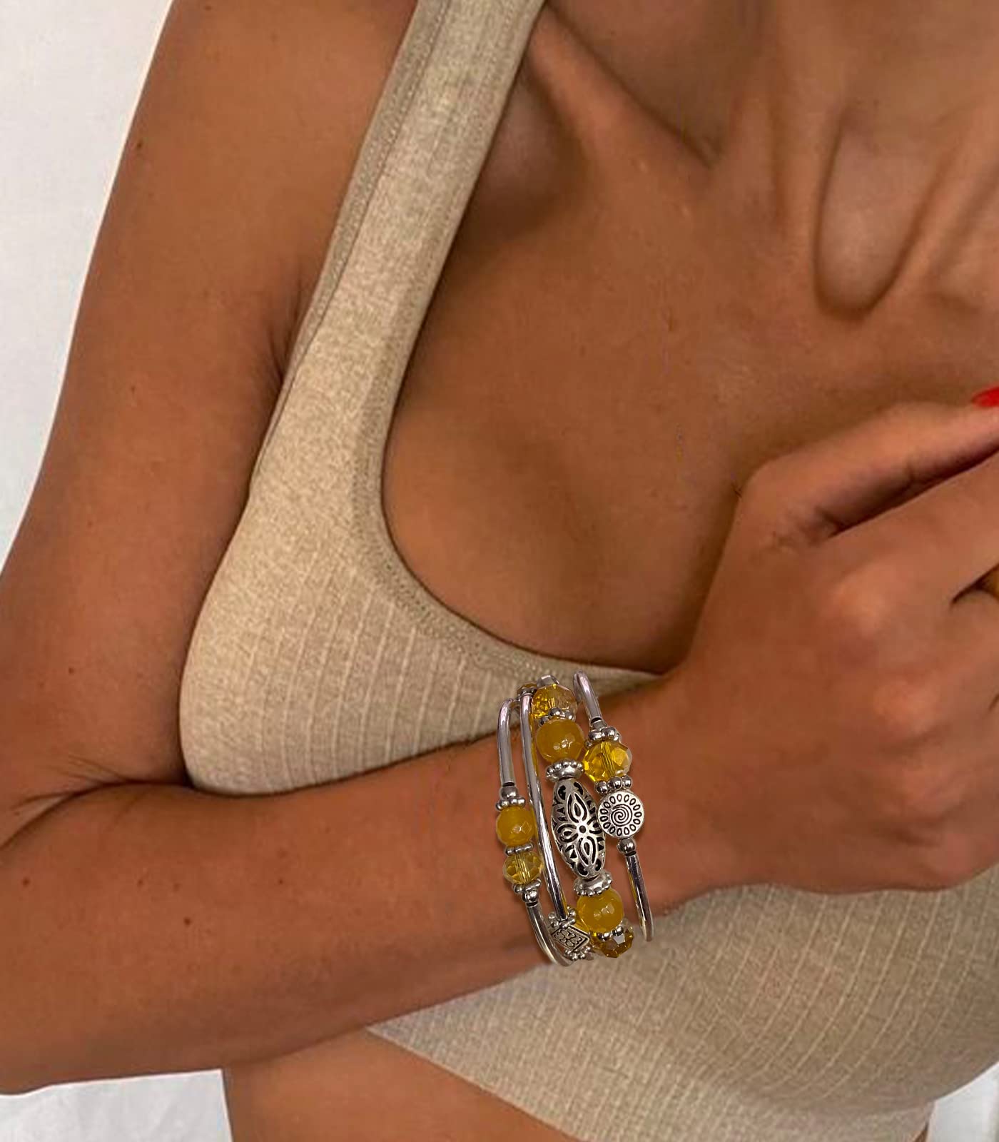 FULU AUTUMN Stackable Beaded Bracelets for Women Boho Wrap Silver Bracelet Layered Fashion Jewelry Gifts for Her(Yellow)