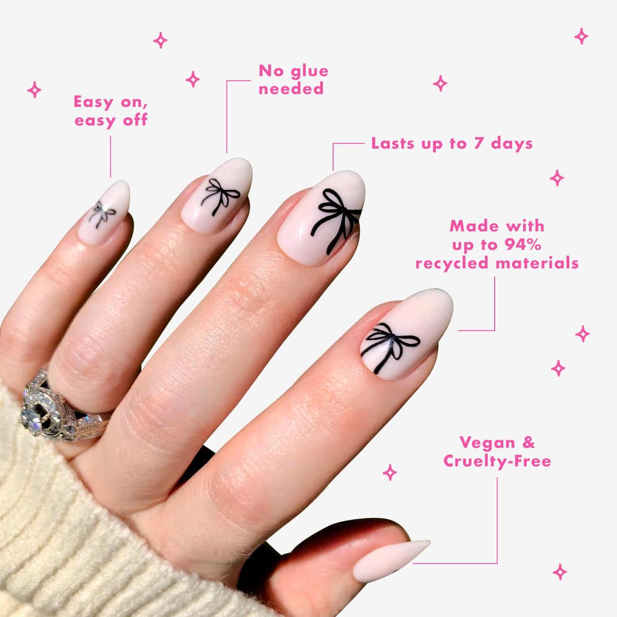 Olive & June Classic Super Stick Mani Press On Nails | No Glue Needed | 32 Tab Nails 16 Sizes | Non-Toxic Tabs Easy On-Off Non-Damaging Realist Look | 7-Day Wear | Short, Round| Dainty Bows