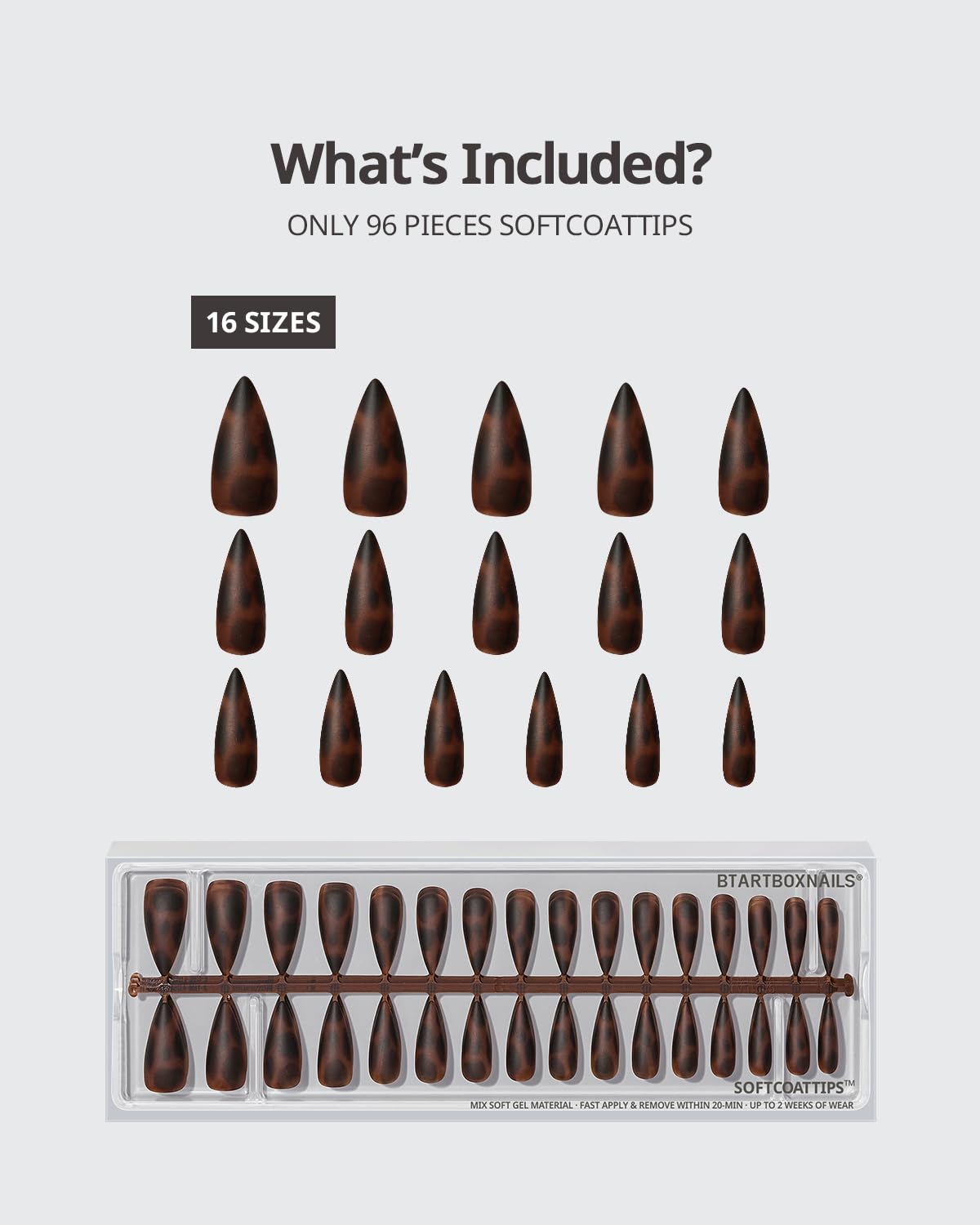 BTArtboxnails SOFTCOATTIPS Press On Nails - Tortoiseshell Long Stiletto Press On Nails, 96Pcs Salon Quality Soak Off Soft Gel Nail Tips in 16 Sizes