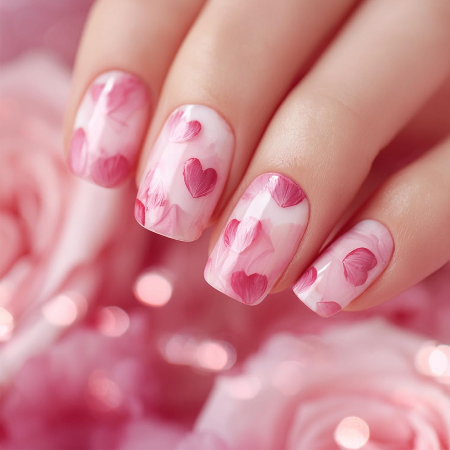 Pink Hearts Press on Nails Short Square Valentine's Day Glossy Acrylic Fake Nails Gradient Pink Stick on Nails for Women DIY Manicure Valentines Nail Decorations Supplies 24Pcs