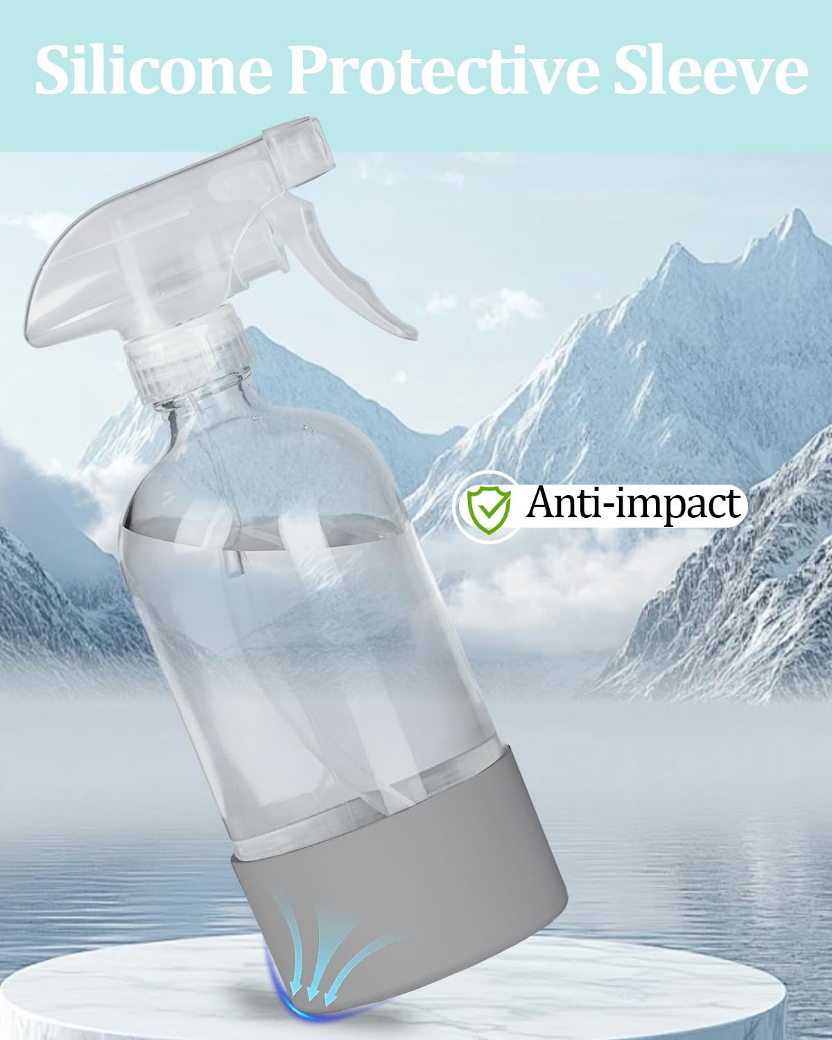 TERESRY 2 Pack 360° Glass Spray Bottles with Silicone Sleeve, 16 oz Empty Refillable Containers with Adjustable Spray Nozzles, Spray Bottles for Hair, Cleaning Solutions and Plants Grey&Blue