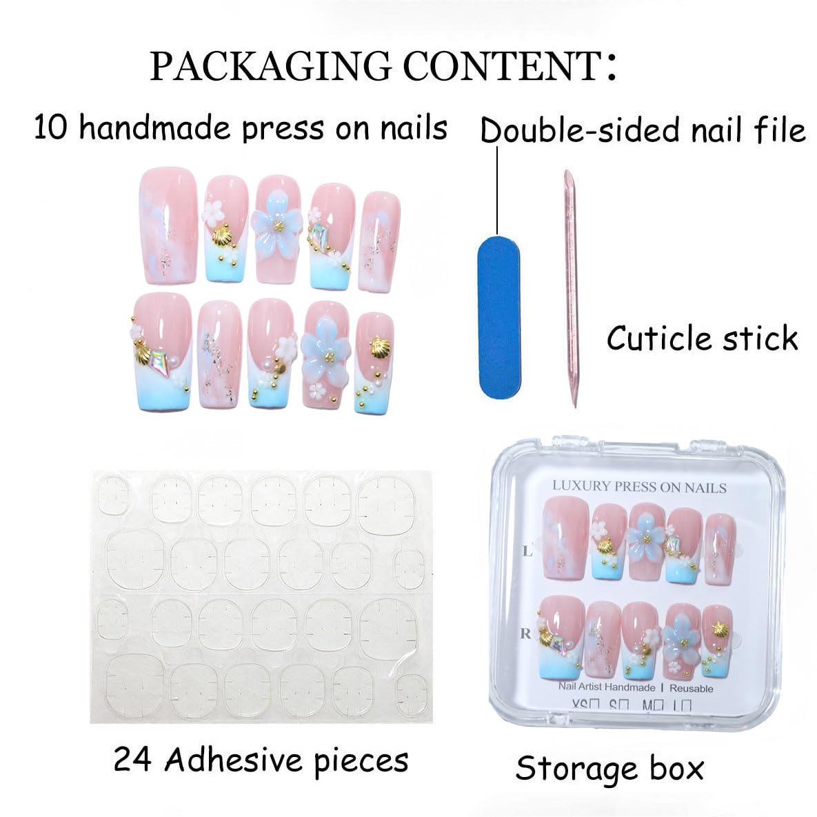 10Pcs Long Coffin Handmade Press On Nails | Easy Apply & Remove, Reusable Salon Quality Nails | Fresh Summer Pink Blue Fake Nails with 3D Flower, Gold Seashell & Rhinestone French Accents(O907, M)