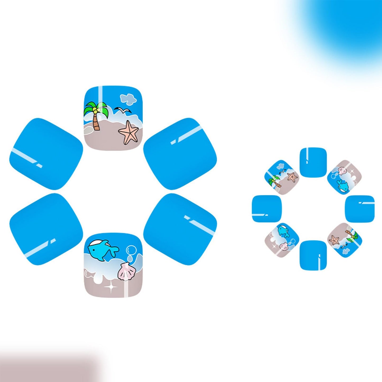 24Pcs Blue Press on Toenails Summer Beach Fake Toe Nails with Coconut Tree Shell Whale Seagull Designs Cute Toenail Press ons Blue Sea Acrylic False Toenails Artificial Toenails for Women