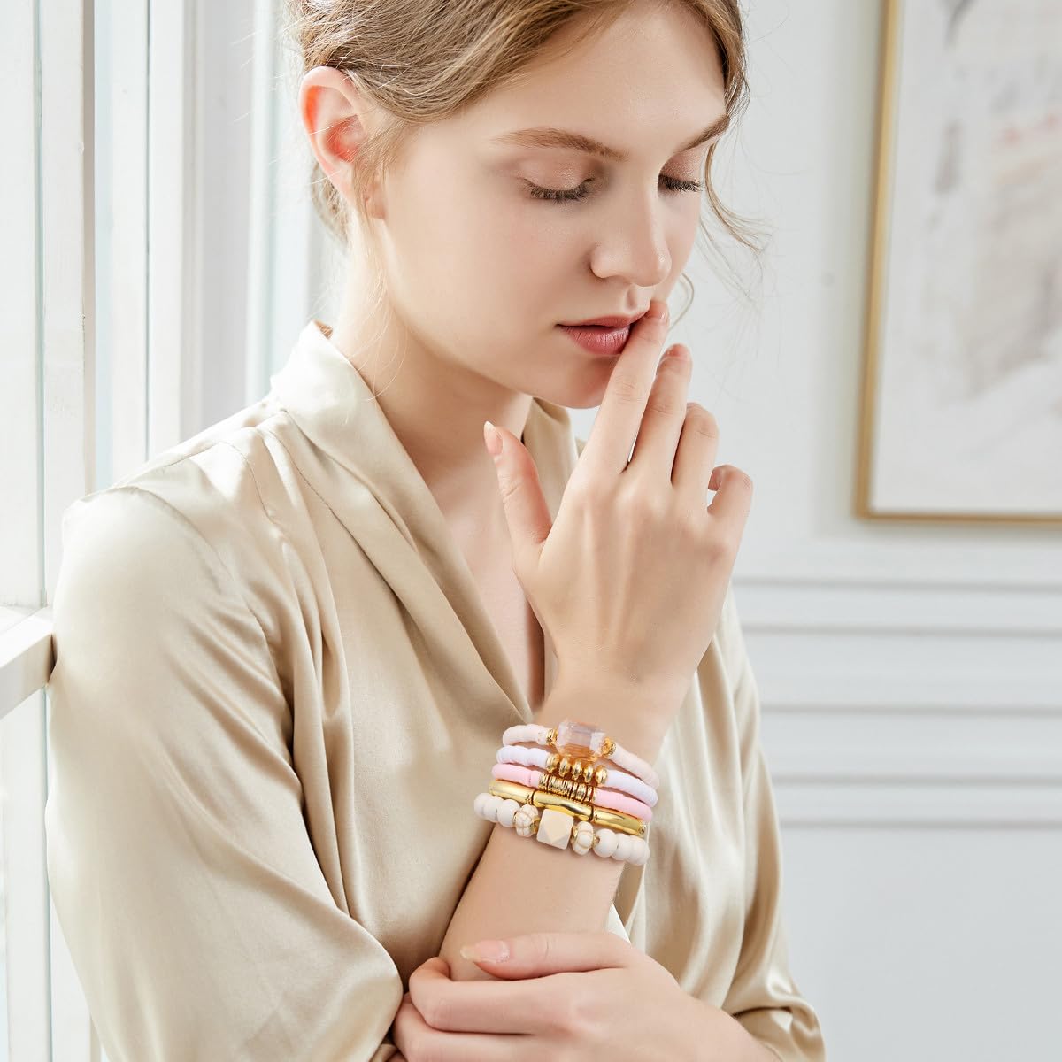 GOOJIDS Simple Beaded Gold Plated Bangles Bracelet Chunky Bamboo Tube Curved Stacking Clear Acrylic Colorful Beads Stretchable Gold Plated Bracelets Set For Women