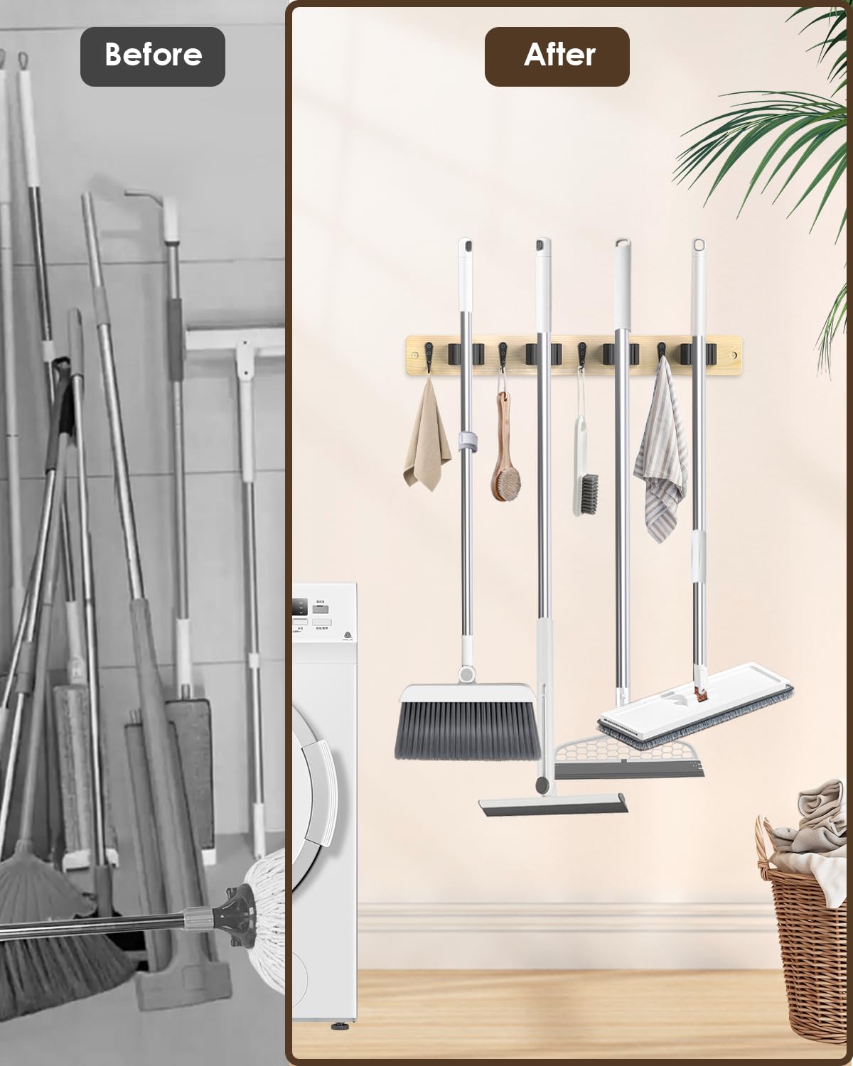 Light Wood Broom Holder Wall Mount