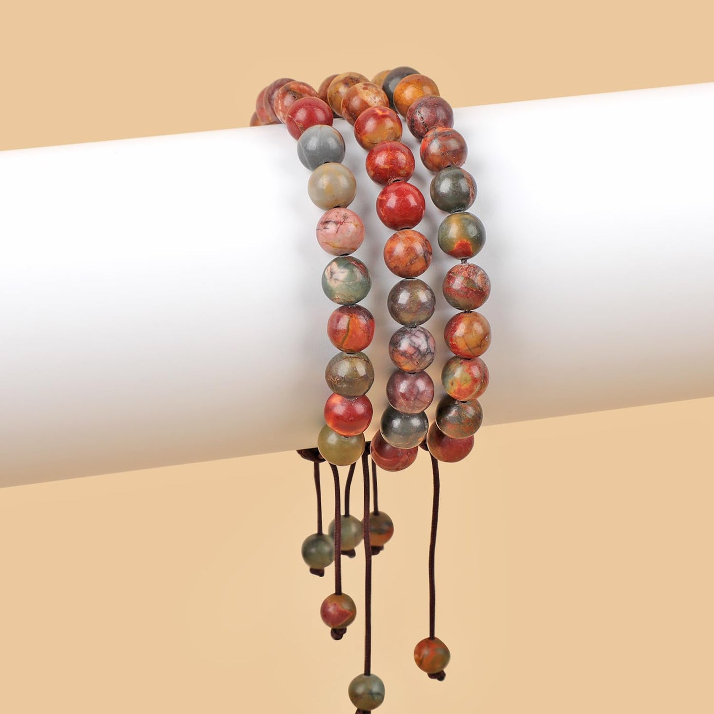 AD Beads Natural 8mm Gemstone Bracelets Healing Power Crystal Macrame Adjustable 7-9 Inch (Picasso Jasper)