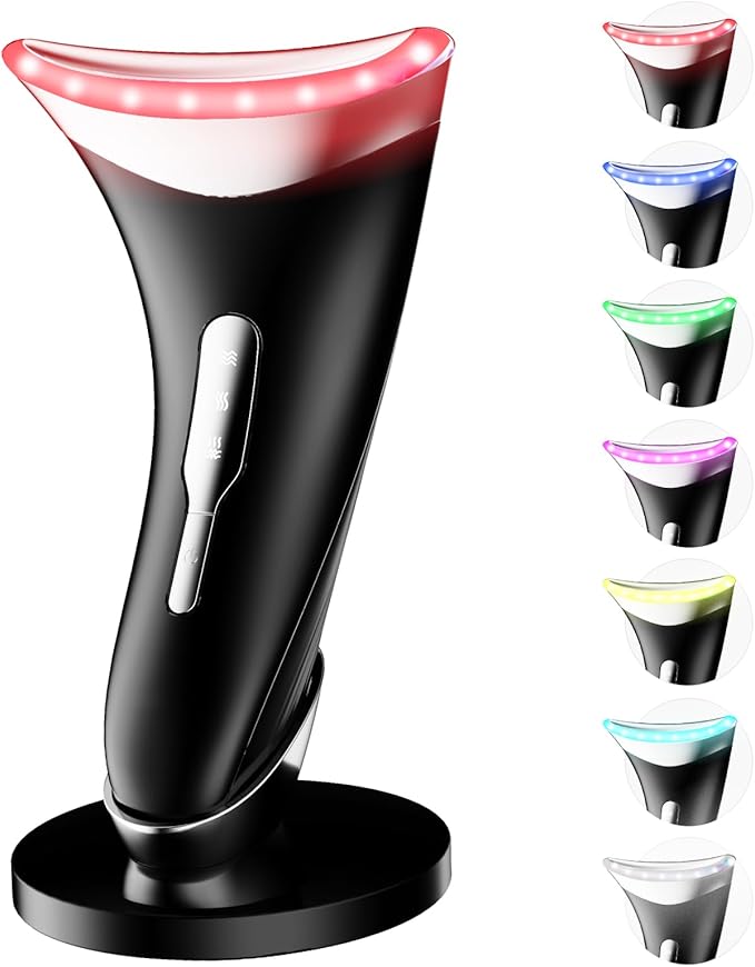 Dopsikn 7 Color Light Therapy Facial Massager with Adjustable Vibration and Thermals for Wrinkles, Double Chin, Red Light Skin Care Tool with Base, Black