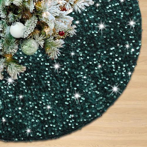 Christmas Tree Skirt 48 Inches Round Emerald Green Tree Floor Mat Sparkly Velvet Tree Skirts for 6ft Xmas Tree Decorations