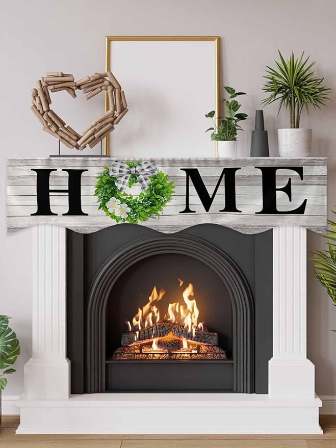 Rustic Fireplace Mantel Scarf Table Runner,Eucalyptus Leaves Green Wreath Wooden Plaid Home Winter Garland Mantel Top Tablerunners Dresser Scarves Cover for Windows Party Living Room 90"x17"