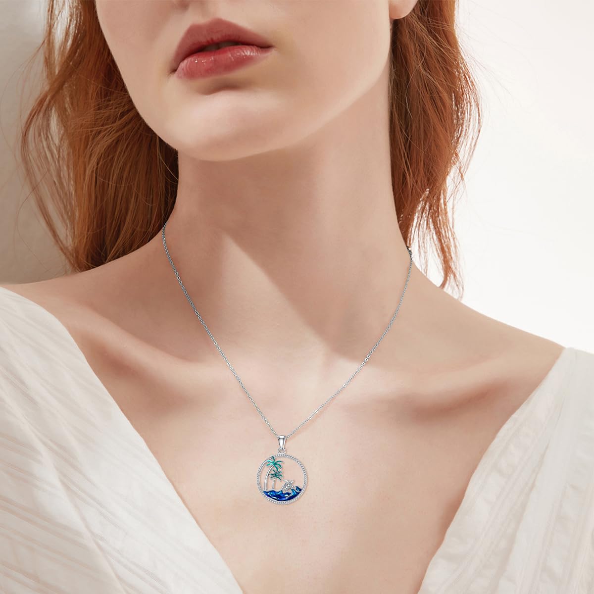 PROESS Sea Turtle Necklace Sterling Silver Palm Tree Pendant Necklace Ocean Wave Jewelry For Women Turtle Lovers