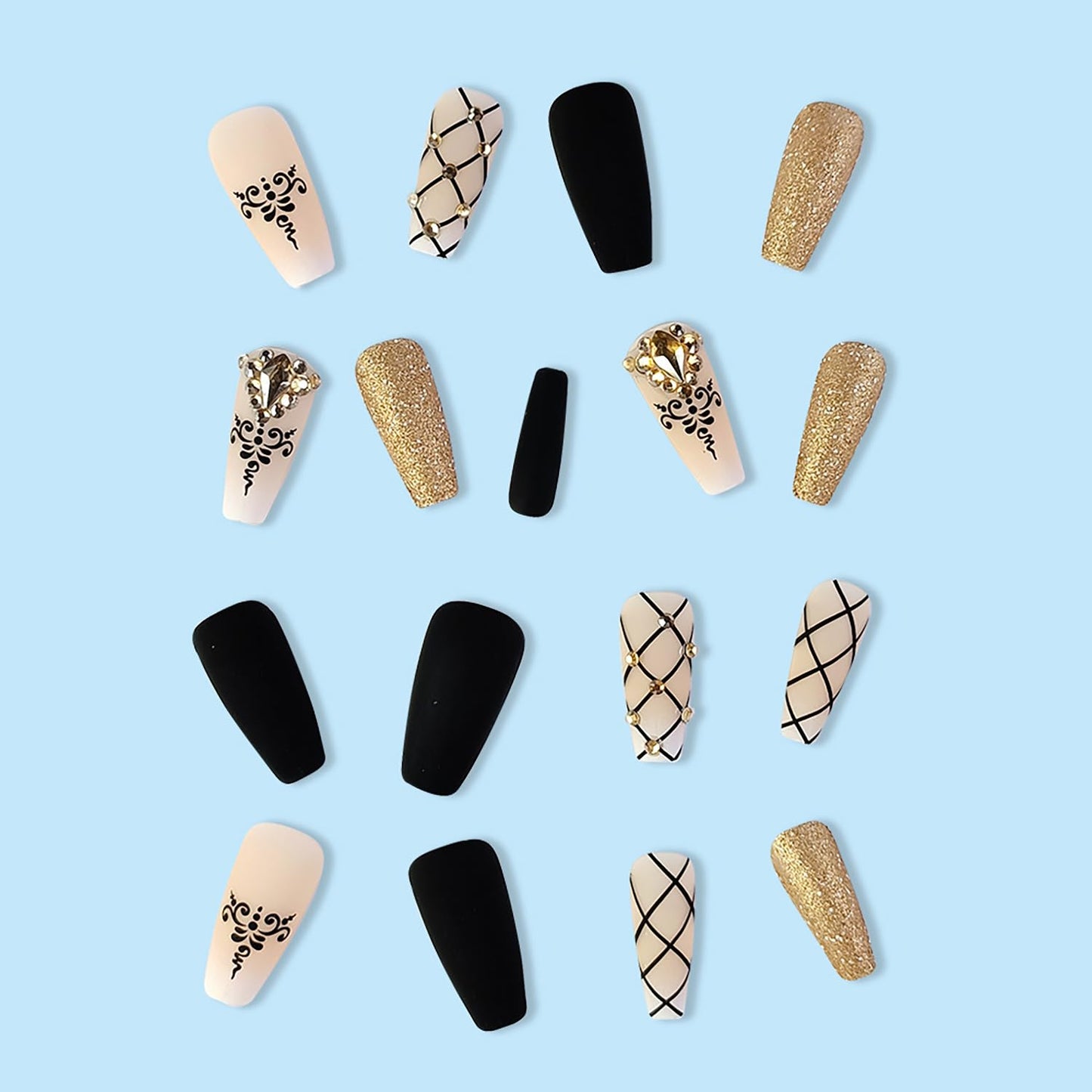 Medium Press On Acrylic Nails with Black Grid Designs - Full Cover Coffin Glossy Golden Diamond False Nails, Reusable Set for Women