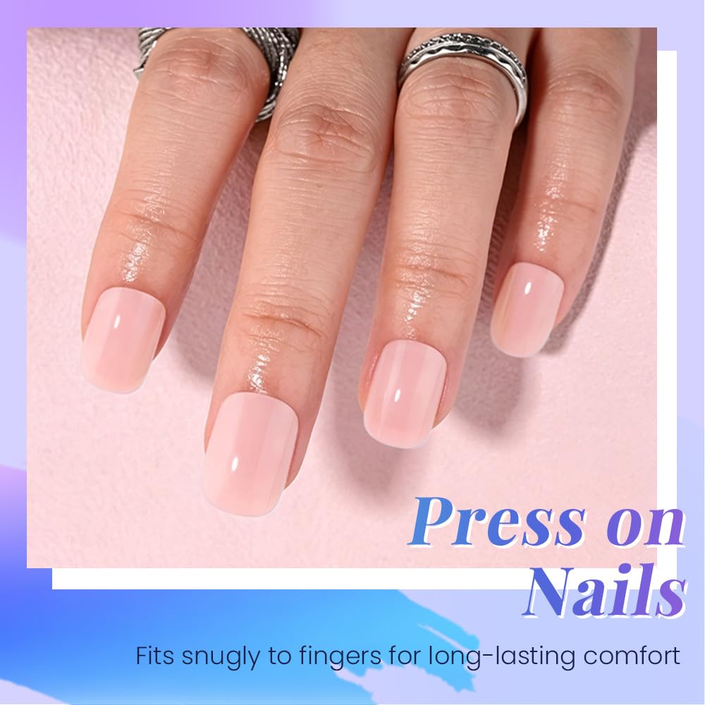 evpct Nude Pink Glossy Squoval Short Press on Nails for Women, Nude Pink Extra Short Squoval No Glue Stick on Nails with Kit, Reusable Full Cover Soft Press on Fake Nail Salon-quality Perfectly Fit