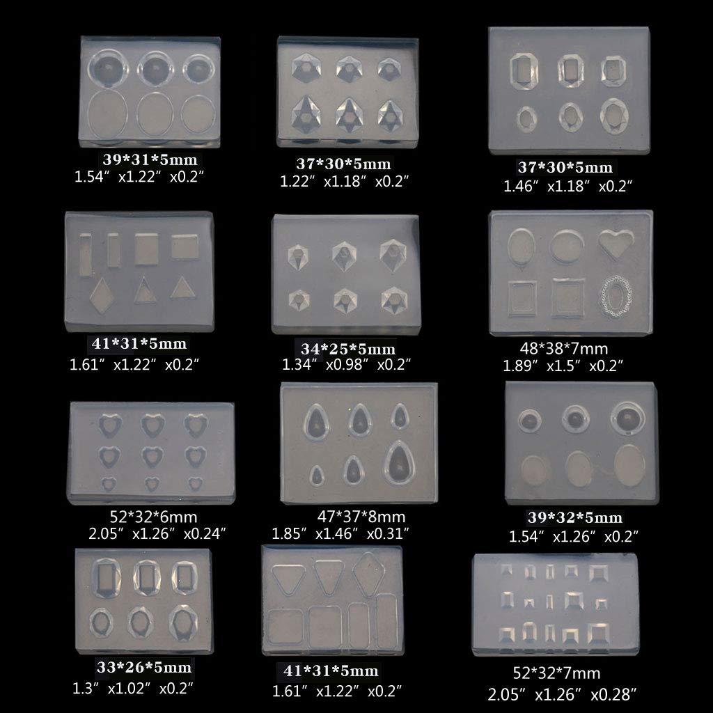 A FEI 12Pcs Mini Faceted Diamond Crystal Resin Mold Oval Round Gemstone Nail Art Molds