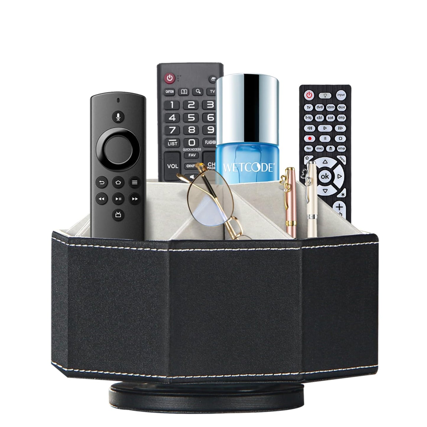 Remote Control Holder, Swivel 9 Rooms Desk Organizer and Decorations for Living Room, Leather Bedside Storage Caddy for TV Controllers/ Makeup Brush Pen/ Office Stationery/ Art Supplies/ Eyeglasses