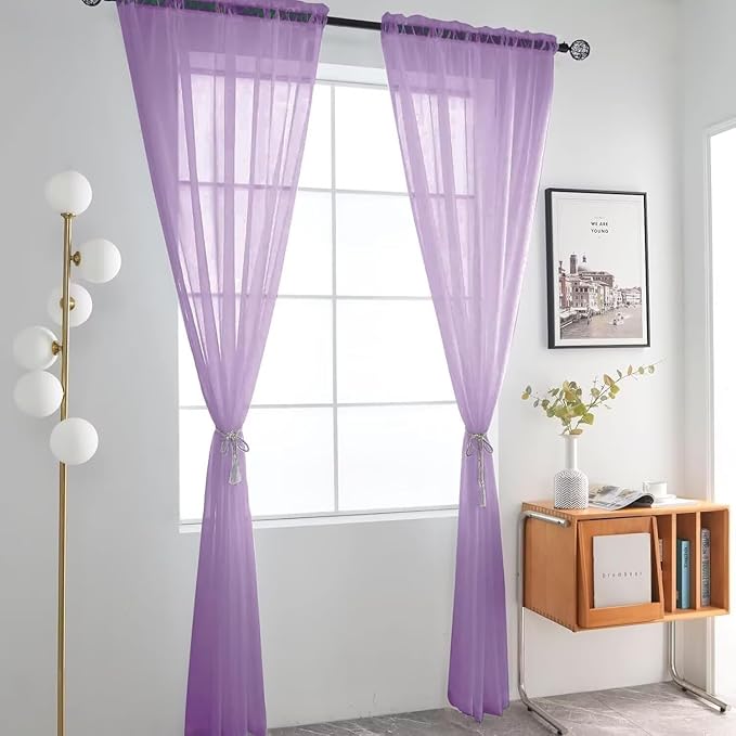SpaceDresser Basic Rod Pocket Sheer Voile Window Curtain Panels Lavender 1 Pair 2 Panels 52 Width 36 Inch Long for Kitchen Bedroom Children Living Room Yard（Lavender, 52W x 36L）