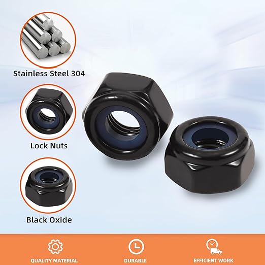 MewuDecor 1/4-20 Nylon Insert Hex Lock Nuts Locknuts, 304 Stainless Steel 18-8, Black Oxide, 50 PCS