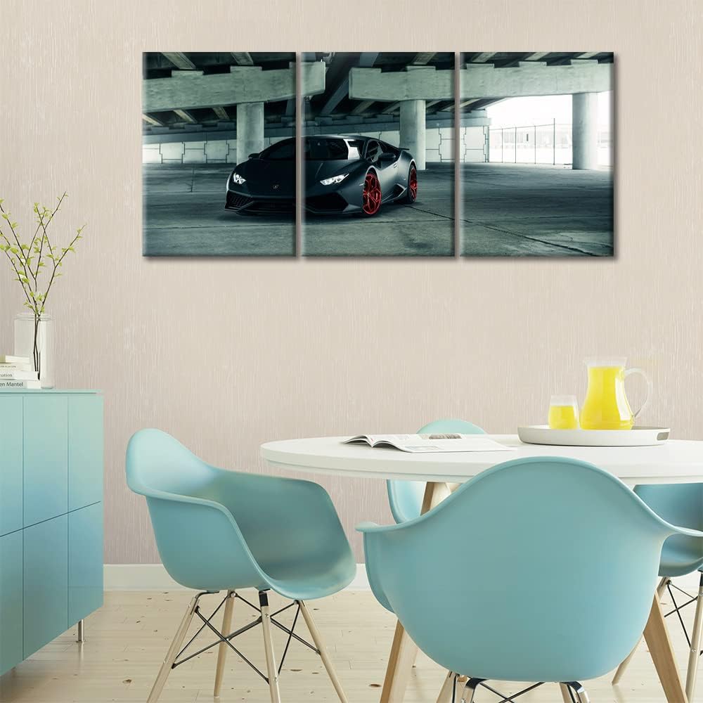 TUMOVO Black Car Canvas Wall Art Painting Super Decor for Living Room 3 Panels Pictures Print on Cool Hypercar Framed Artwork Home Bedroom Decorations, 36'' Wx16 H