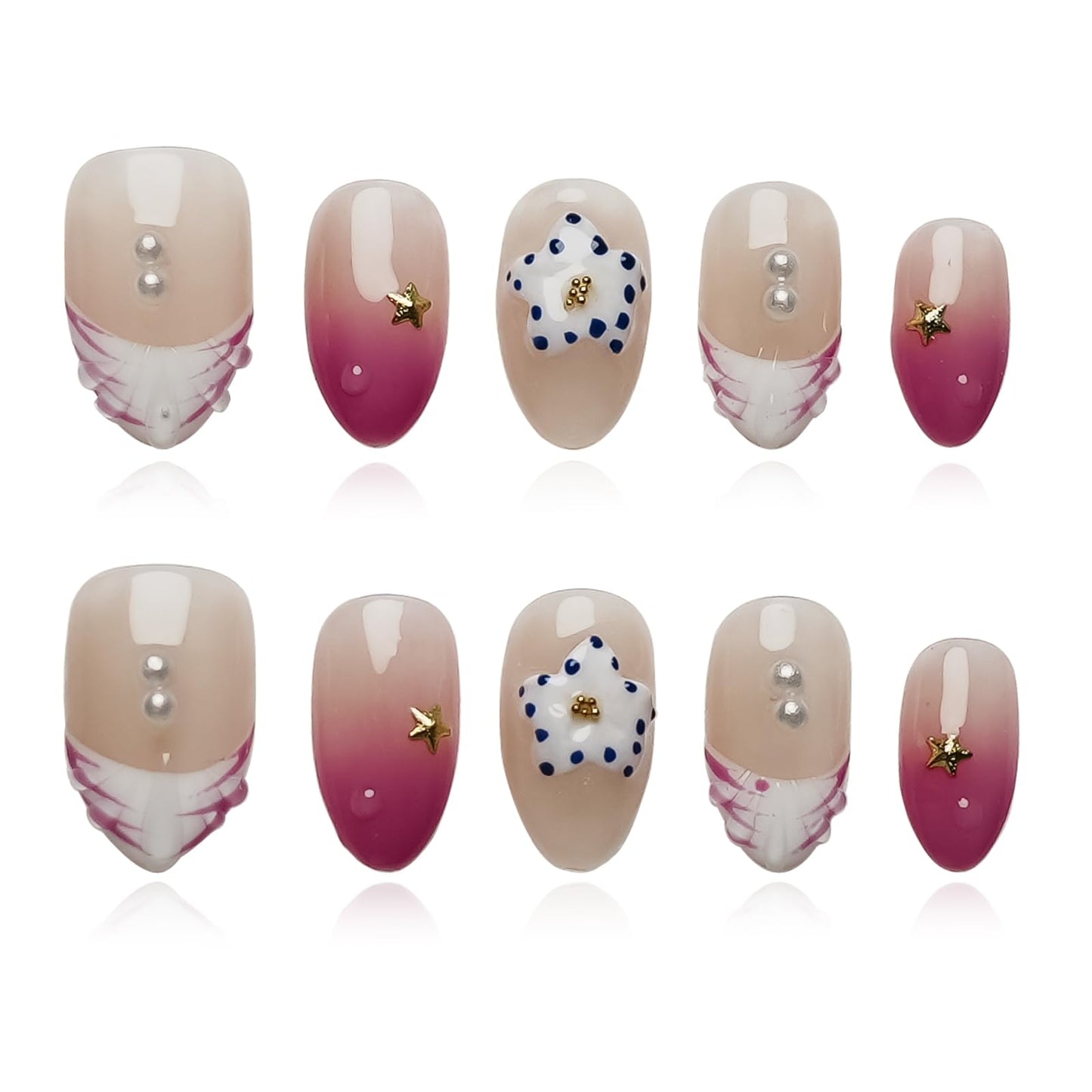 Tesytto 3D Floral Press on Nails Short Almond - Handmade Water Ripple & Pearl Design, Ombre Pink French Tip Summer Mermaid Nails (Coral Violeta,S)