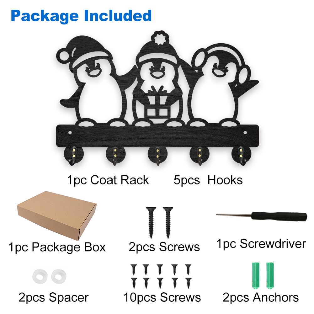 MAYJOYDIY Wood Penguin Key Hook Wall Mount 11.8 x 7.8 inches Christmas Hat Gift Box Key Rack Penguin Animal Themed Coat Hat Hook Wall Decor with 5 Alloy Hooks for Entryway Bedroom Living Room