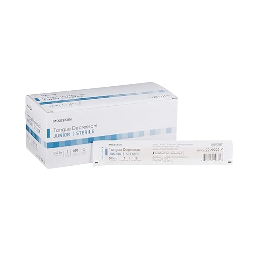 McKesson Tongue Depressors [100 Count] Junior Size, Sterile, Individually Wrapped, Wood, Unflavored, Splinter-Free, 5.5 in – Use for Medical, Arts, Crafts, Spa