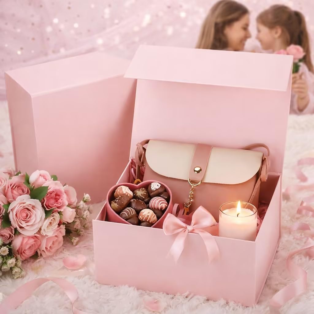 MOYEUPAC Pink Gift Box,9" X 7" X 4" with Ribbon for Presents Magnetic Closure Gift Packaging for Birthday,Valentine's Day,Mother's Day