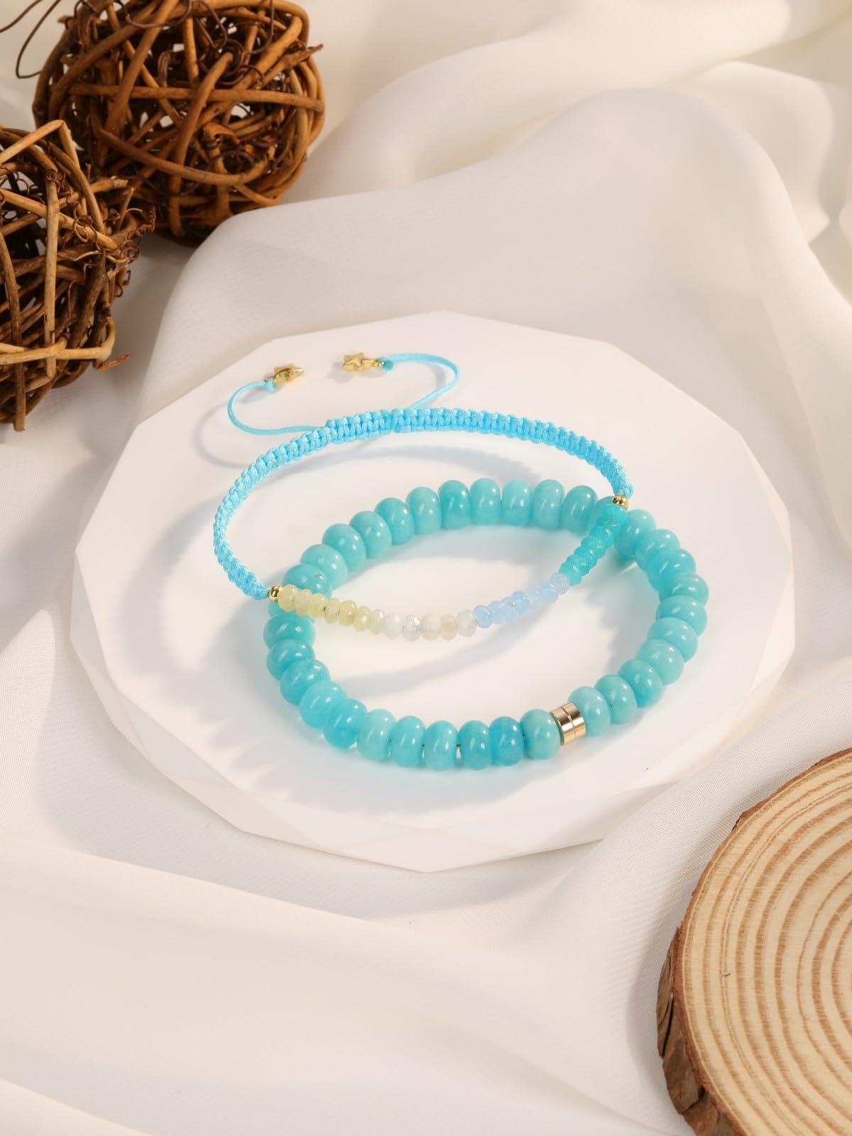 CrystalTears Amazonite Beaded Bracelets for Women, 2pcs Stackable Boho Crystal Gemstone Bracelets Set with Stretch Bracelet and Adjustable Braided Bracelet Summer Beach Jewelry Gifts for Women Her