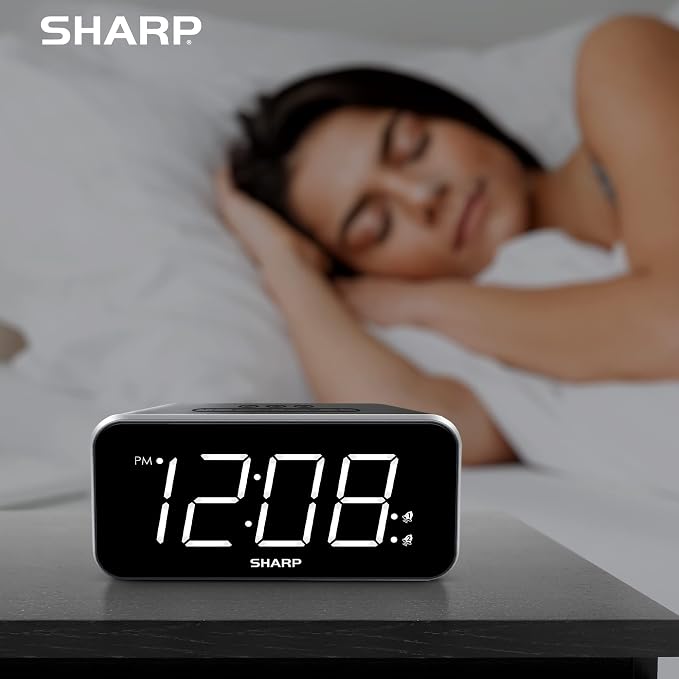 Sharp Digital Alarm Clock, 1.8" Jumbo White LED Display, Dual Alarm, Black