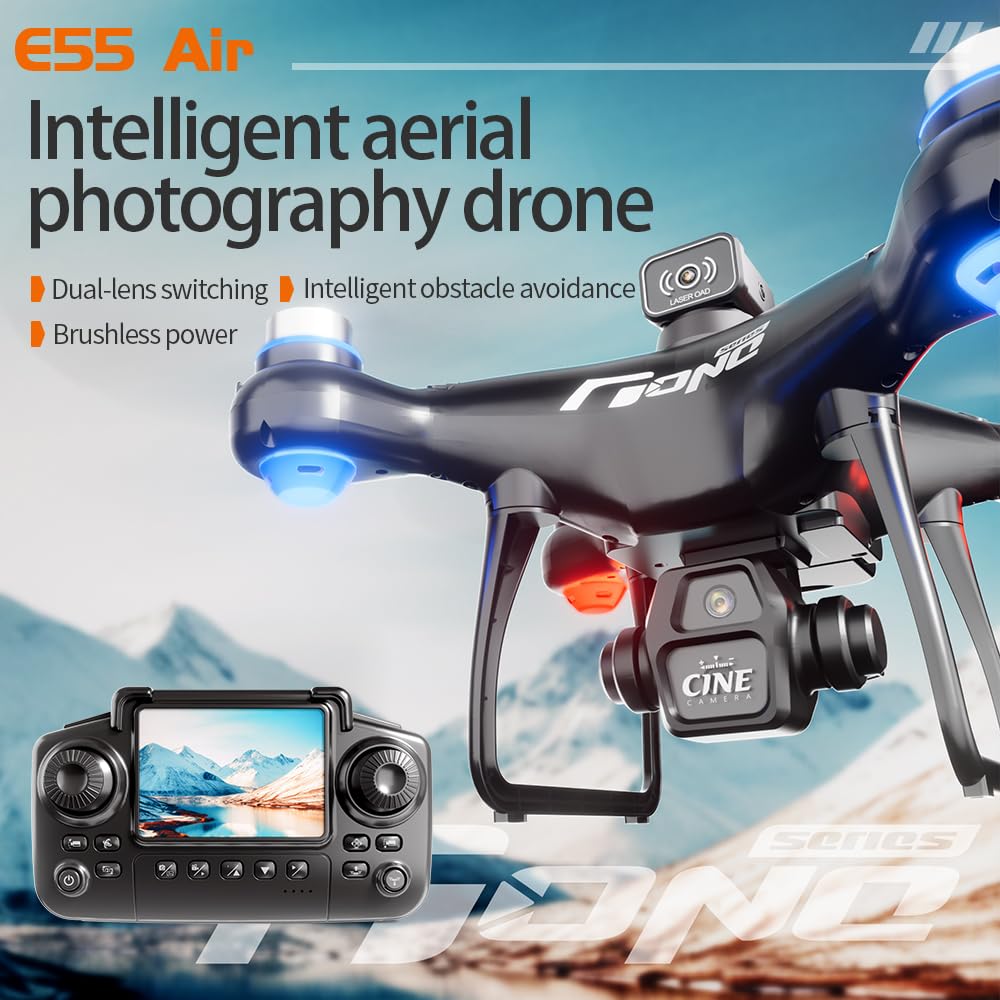 elecci E55 Air Drone with Screen Controller with SD Card, Two-batteries, Optical Flow Positioning, Speed Adjustment Suitable for Beginner. (2 batteries - White)