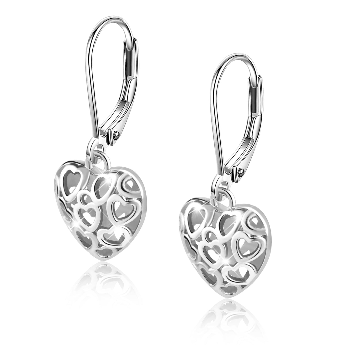 LANCHARMED 925 Sterling Silver Heart Dangle Drop Earrings for Women, Trendy French Style Silver Leverback Earrings, Hypoallergenic Jewelry
