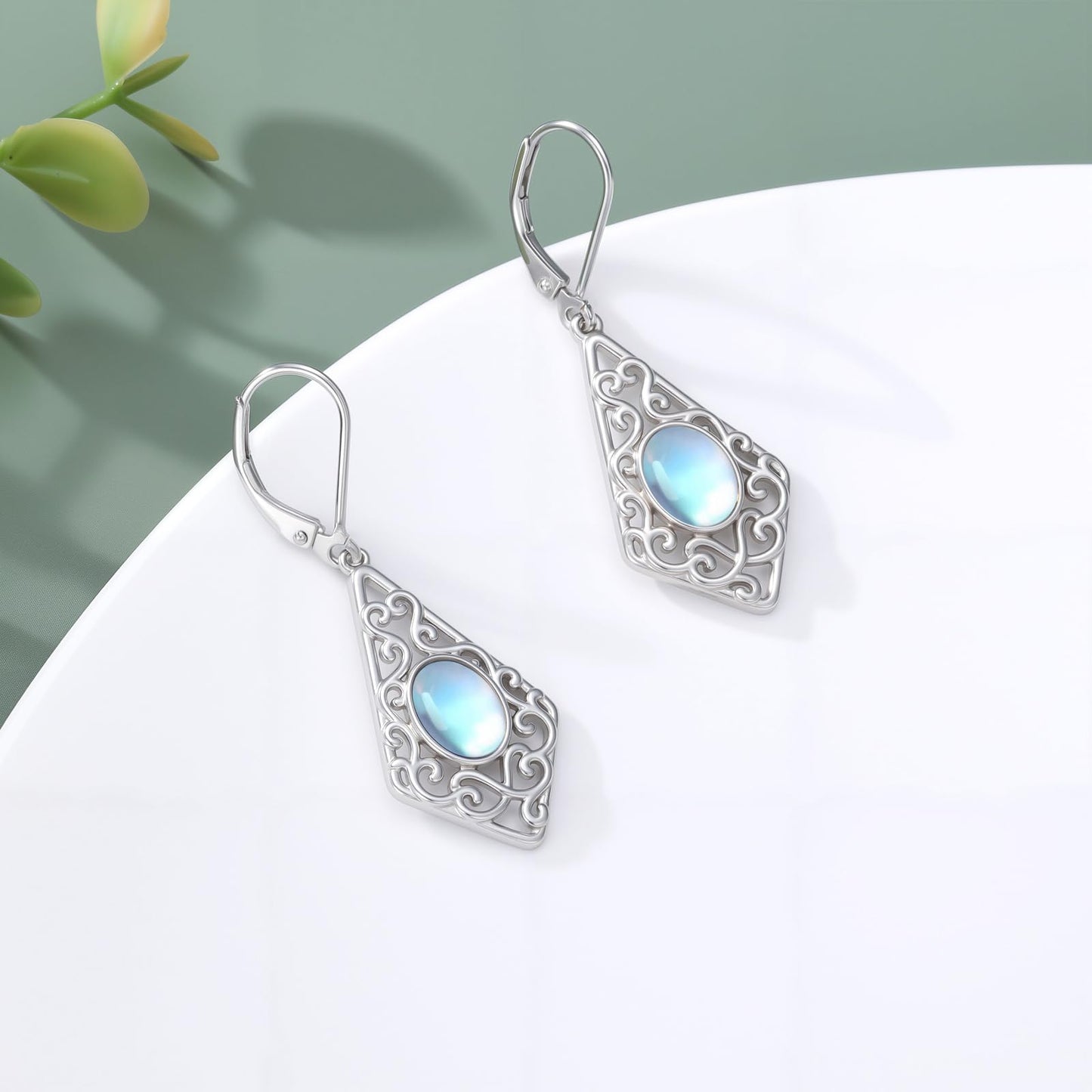 CTIEIP Filigree Moonstone Earrings for Women 925 Sterling Silver Teardrop Moonstone Dangle Earrings Jewelry Gift for Her Mom