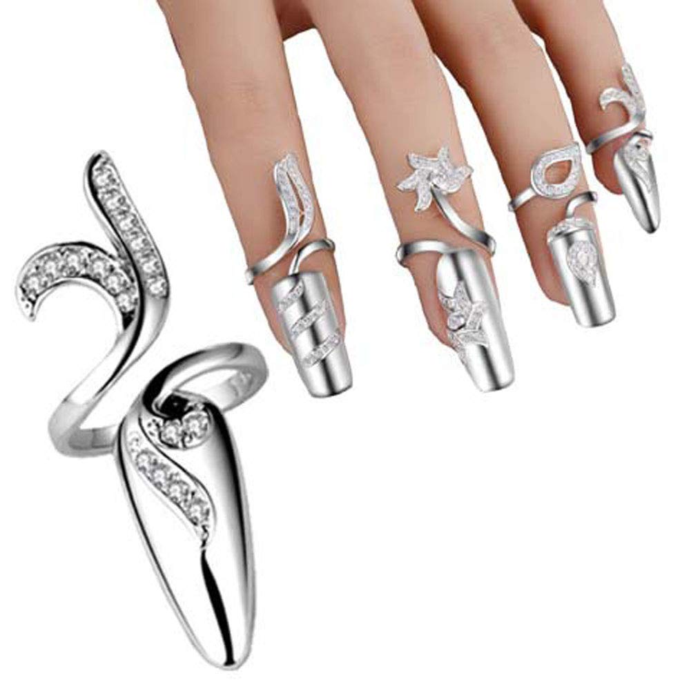 Suoirblss 4 PCS Women's Nail Cap Cover Ring Nail Protecting Fingernail Rhinestone Finger Tip Nail Ring Adjustable Opening Nail Art Charms Accessories (Silver)