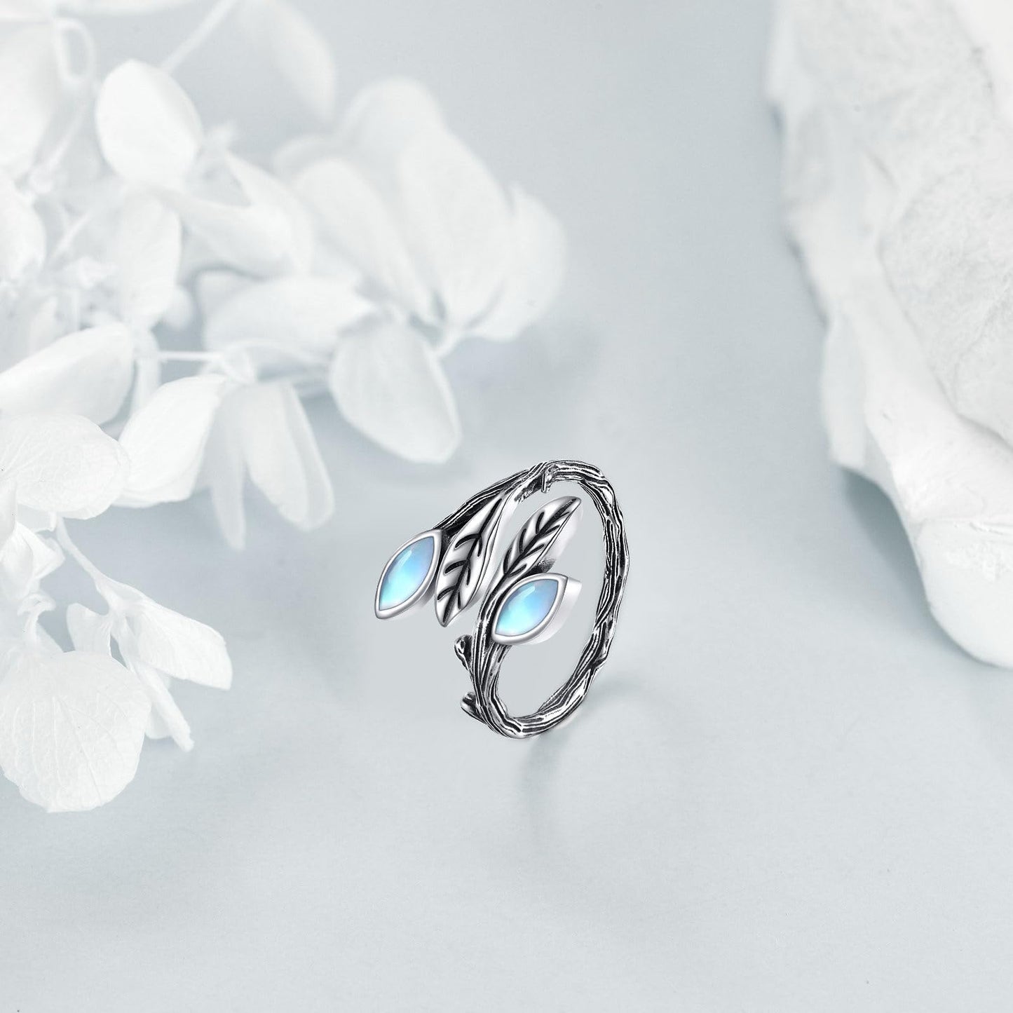 POPLYKE Leaf Moonstone Ring Sterling Silver Boho Adjustable Open Ring Gemstone Spoon Ring Vintage Thumb Rings for Women