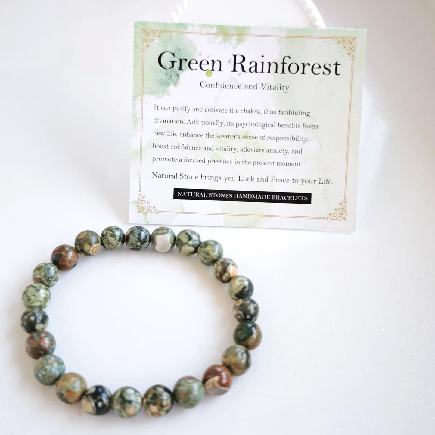 Handmade Natural Gemstone Elastic Bracelet - Healing Crystal Beads Jewelry, Unisex (Green Rainforest Jasper, 8mm)